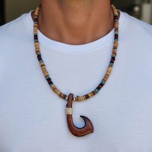 Wooden Hook Pendant Necklace with Beaded Chain